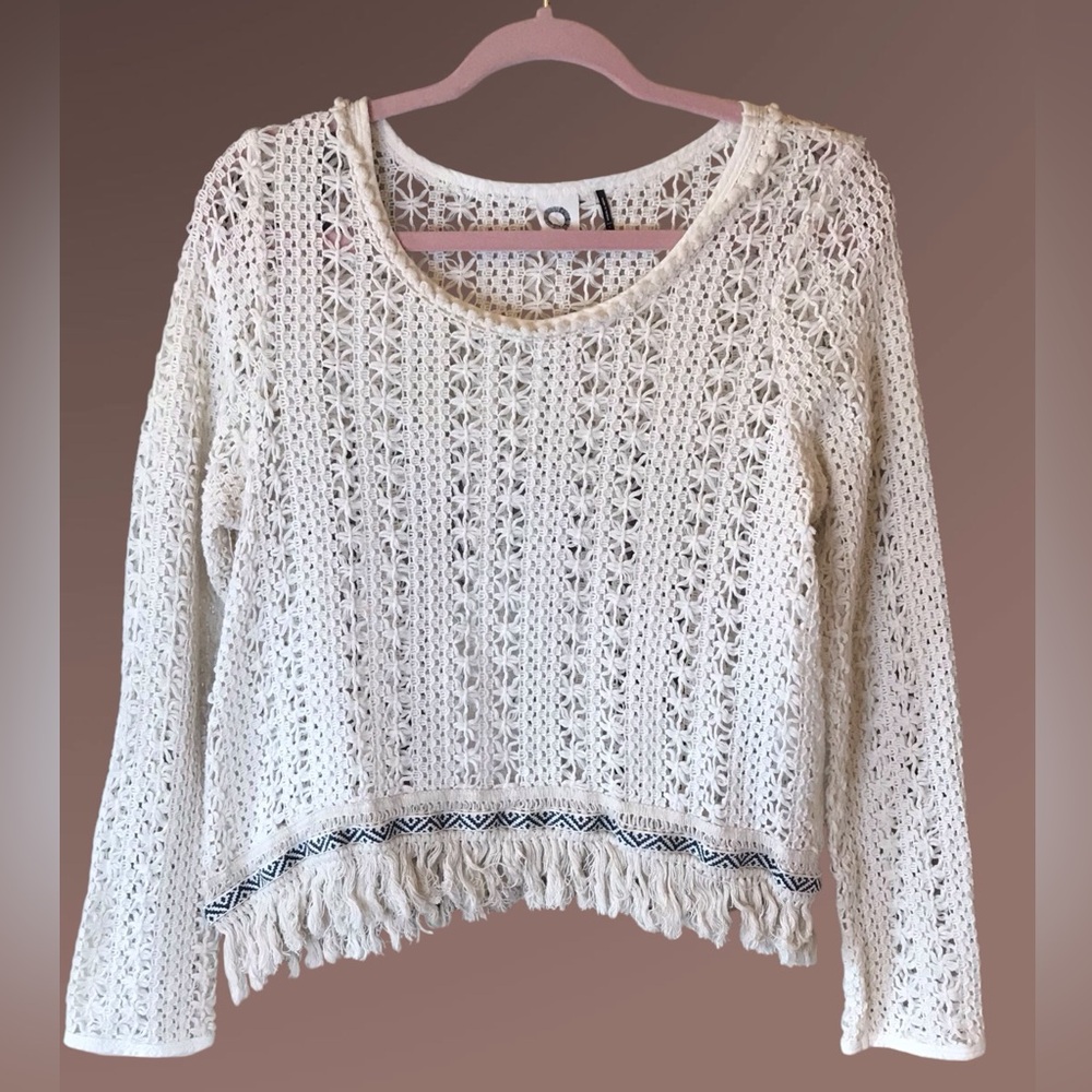 Open-Knit Cream Crochet Fringe Scoop-Neck Sweater
